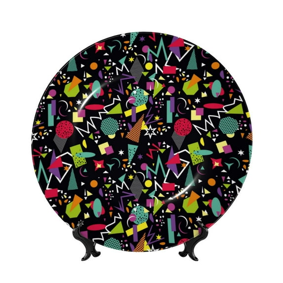 Balery Colorful Geometric Figures Print Bone China Decorative Plate Ceramic Dinner Plates Art Crafts with Display Stand-6in