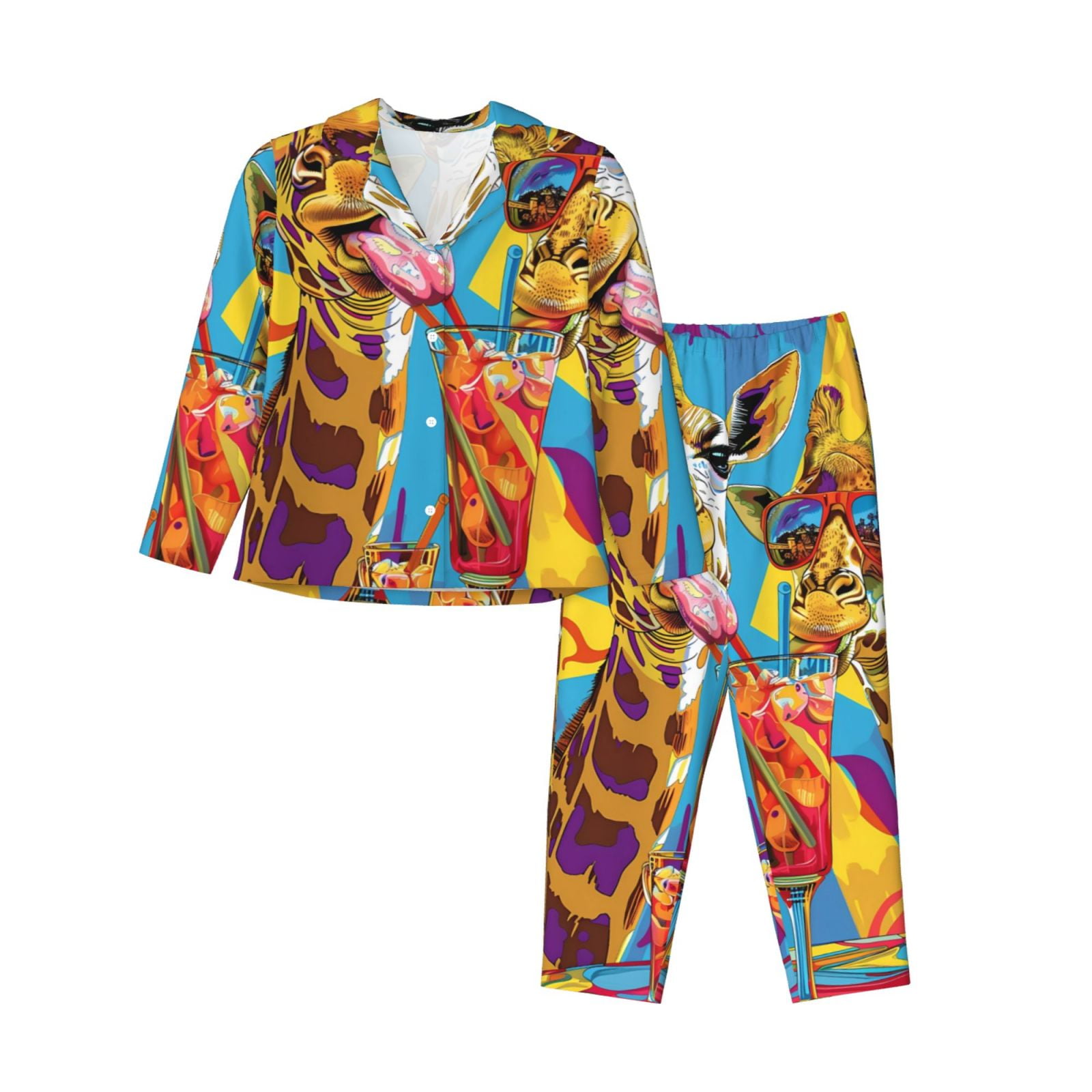 Balery Colorful Giraffes with Drinks Pattern Pajama Sets for Women Long ...