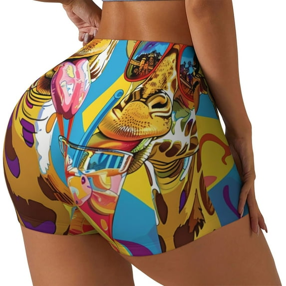 Balery Colorful Giraffes with Drinks Printed Workout Shorts for Women Seamless Scrunch Short Gym Yoga Running Sport Active Exercise Fitness Shorts-XX-Large