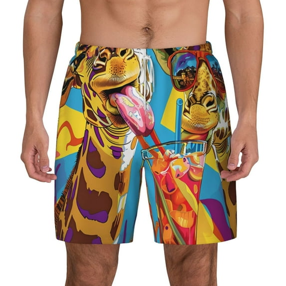 Balery Colorful Giraffes with Drinks Mens Swim Trunks Swim Shorts for Men Quick Dry Inseam Beach Shorts with Compression Liner Pocket-X-Large