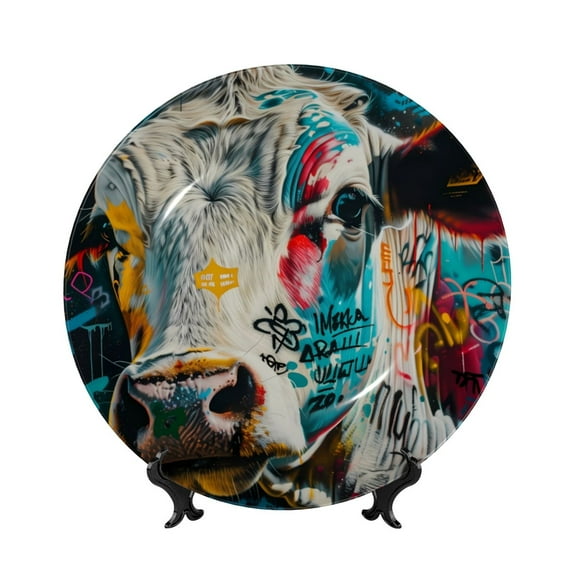 Balery Colorful Graffiti Cow Print Bone China Decorative Plate Ceramic Dinner Plates Art Crafts with Display Stand-8in