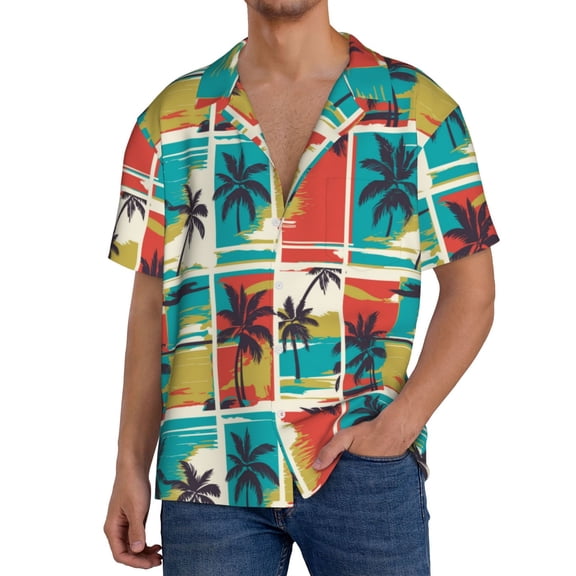 Balery Colorful Hawaii Palms Men's Casual Button Down Shirt Short Sleeve Textured Summer Cuban Beach Shirts-3X-Large