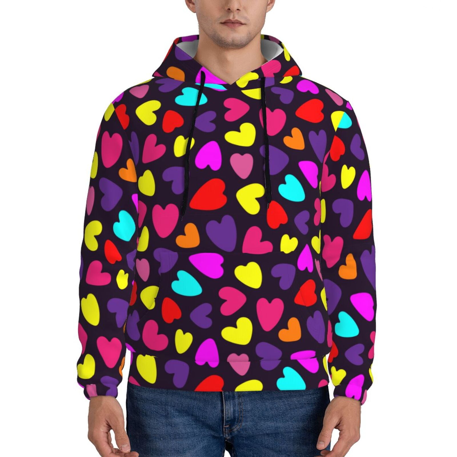 Balery Colorful Hearts Pattern Mens Hoodie Kangaroo Pocket Hoodie