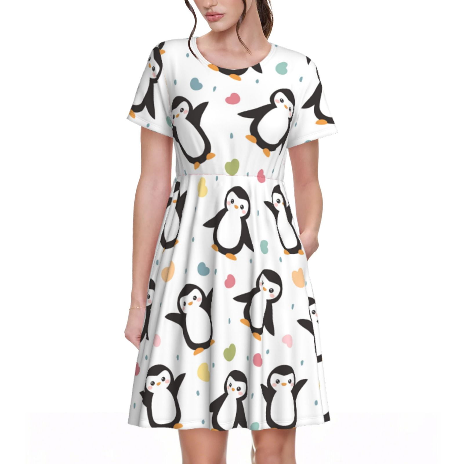 Balery Colorful Hearts Penguin Pattern Womens Dresses Loose Short ...