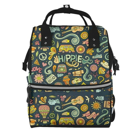 Balery Colorful Hippie Mummy Backpack - Waterproof Twill Canvas, Large Capacity Diaper Bag with Multiple Pockets and Adjustable Straps