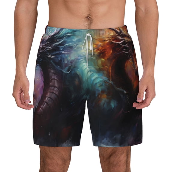 Balery Colorful Ink Style Dragon Mens Swim Trunks Swim Shorts for Men Quick Dry Inseam Beach Shorts with Compression Liner Pocket-3X-Large