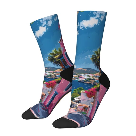 Balery Colorful Mediterranean Village Pattern Crew Socks Unisex– Soft & Breathable Socks for Men & Women, One-Size Fits Most (US 5-11), Comfortable & Durable for Daily Wear