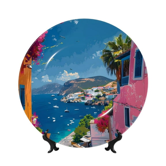 Balery Colorful Mediterranean Village Print Bone China Decorative Plate Ceramic Dinner Plates Art Crafts with Display Stand-8in