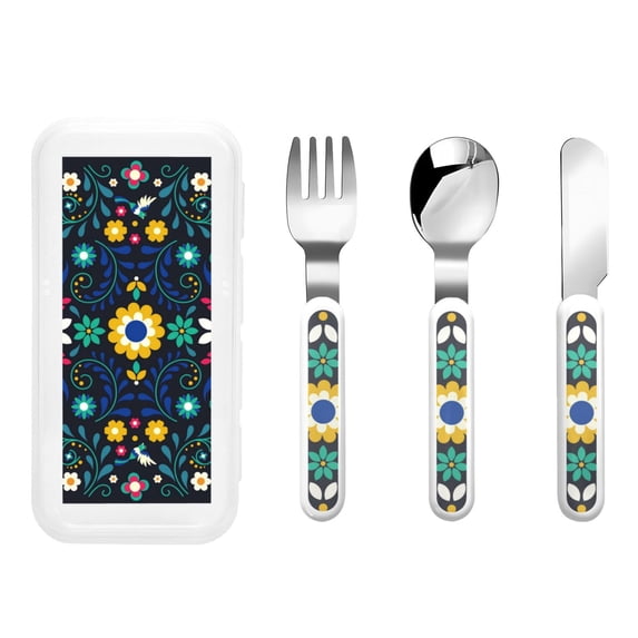 Balery Colorful Mexican Flower for Stainless Steel Kids Silverware Set - Child and Toddler Safe Flatware - Children's Knife, Fork And Spoon Set - Metal Kids Cutlery Set