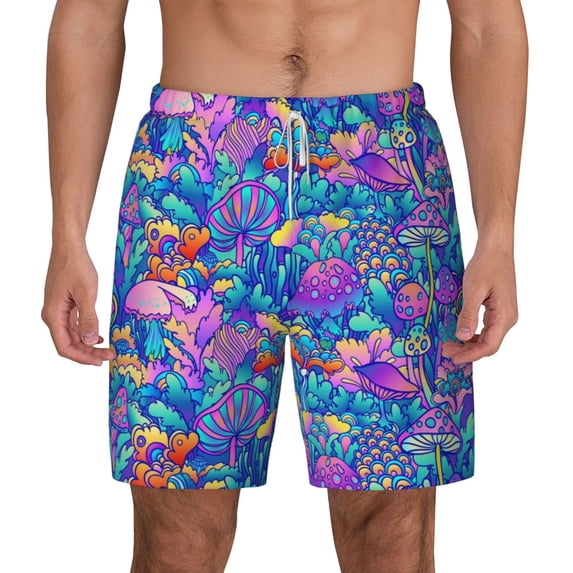 Balery Colorful Mushrooms Mens Swim Trunks Swim Shorts for Men Quick Dry Inseam Beach Shorts with Compression Liner Pocket-3X-Large