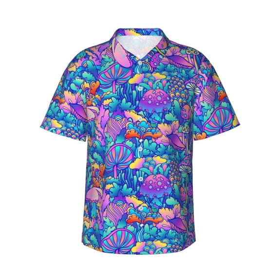 Balery Colorful Mushrooms Print Men's Hawaiian Shirts Short Sleeve Beach Shirt Relaxed Fit Vacation Button Down Shirts-Medium
