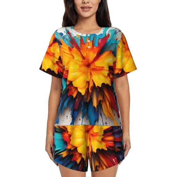 Balery Colorful Paint Print Pattern Womens Pajama Sets 2 Piece Soft Short Sleeve Top and Shorts Sleepwear Round Neck Pjs Lounge Set with Pockets-XX-Large