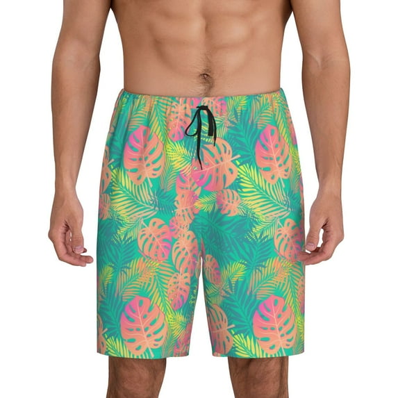 Balery Colorful Palm Leaves Men's Cotton Knit Pajama Shorts Waistband & Pockets,Short Pajama Pants-4X-Large