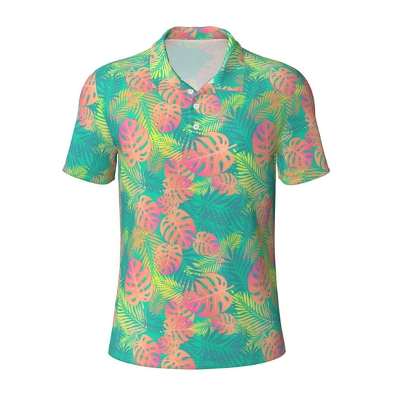 Balery Colorful Palm Leaves Printed Men’s Short Sleeve Polo Shirt, Midweight Men's Shirt,Golf Polo shirts -Large