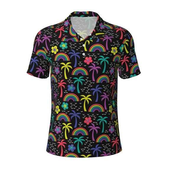 Balery Colorful Palms Printed Men’s Short Sleeve Polo Shirt, Midweight Men's Shirt,Golf Polo shirts -Large