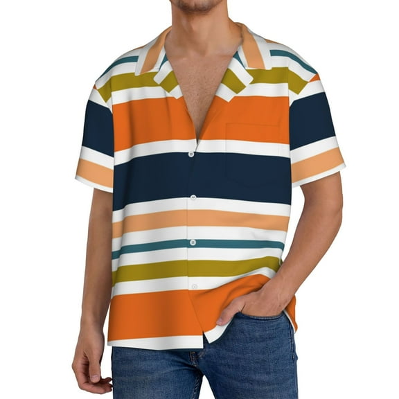 Balery Colorful Pastel Stripes Men's Casual Button Down Shirt Short Sleeve Textured Summer Cuban Beach Shirts-Small