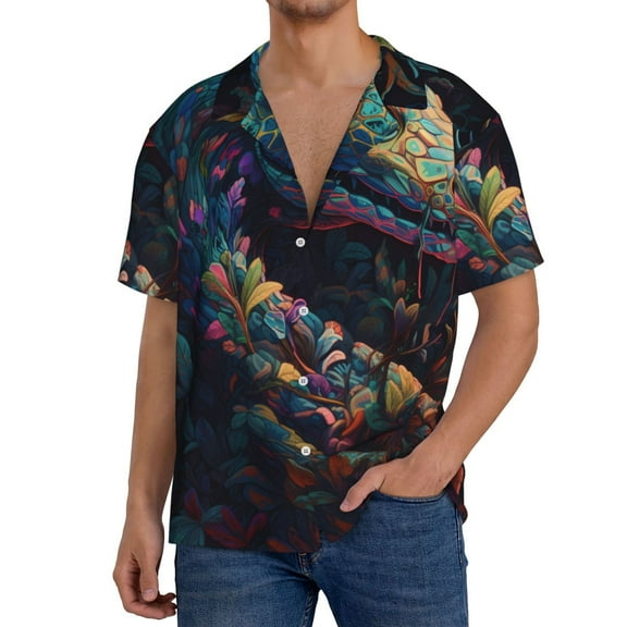 Balery Colorful Patterned Snake Men's Casual Button Down Shirt Short Sleeve Textured Summer Cuban Beach Shirts-X-Large