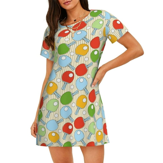 Balery Colorful Ping Pong Rackets1 Pattern Womens Short Sleeve Sleepshirt Scoopneck Cute Nightdress Comfy Nightgown Loungewear Dress