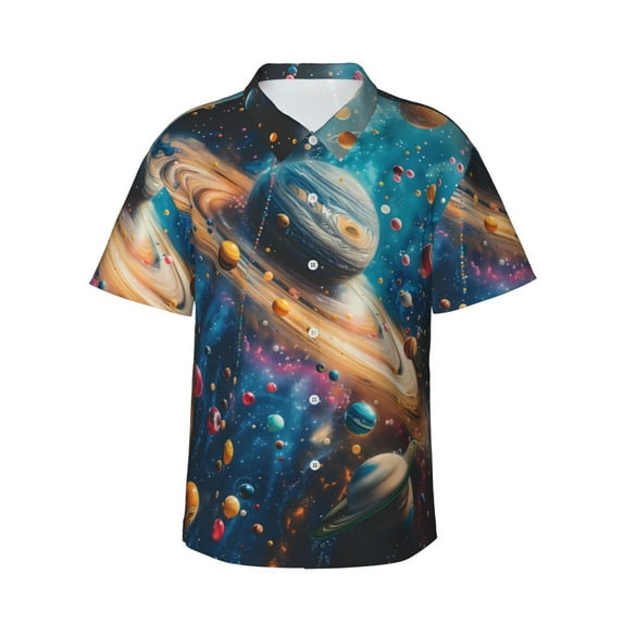 Balery Colorful Planet Universe Print Men's Hawaiian Shirts Short Sleeve Beach Shirt Relaxed Fit Vacation Button Down Shirts-Medium