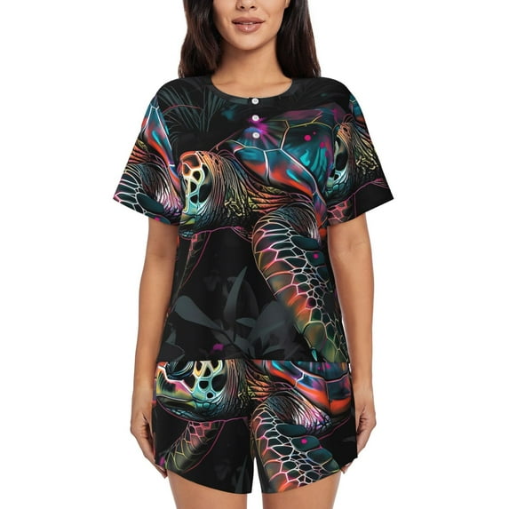 Balery Colorful Plant Turtle A Pattern Womens Pajama Sets 2 Piece Soft Short Sleeve Top and Shorts Sleepwear Round Neck Pjs Lounge Set with Pockets-Large