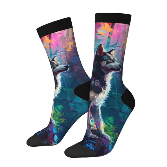 Balery Colorful Plant Wolf Pattern Crew Socks Unisex– Soft & Breathable Socks for Men & Women, One-Size Fits Most (US 5-11), Comfortable & Durable for Daily Wear