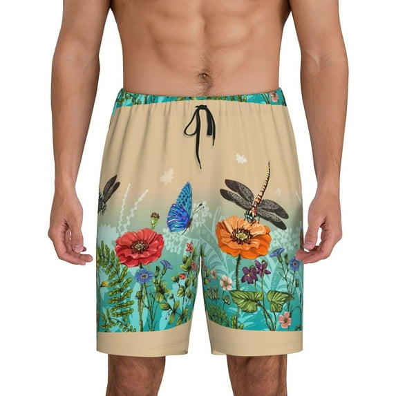 Balery Colorful Plants And Insects Men's Cotton Knit Pajama Shorts Waistband & Pockets,Short Pajama Pants-X-Large