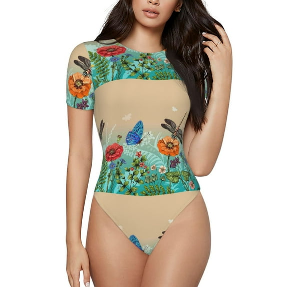 Balery Colorful Plants And Insects Women's Short Sleevee Crew Neck Bodysuit Tops Short Sleeve Tops Basic-X-Large