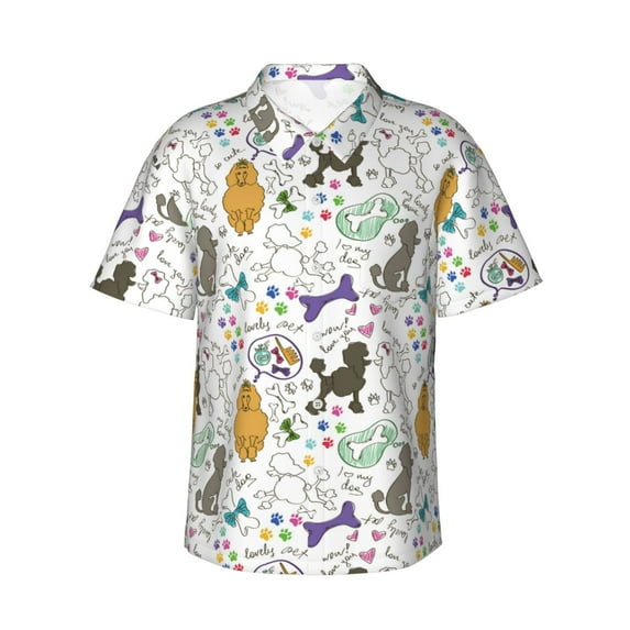 Balery Colorful Poodle Dog Print Men's Hawaiian Shirts Short Sleeve Beach Shirt Relaxed Fit Vacation Button Down Shirts-XX-Large