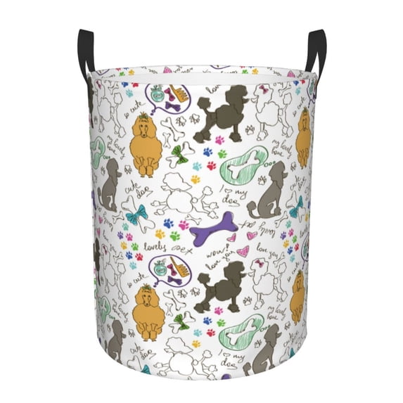 Balery Colorful Poodle Dog Round Laundry Basket with Handles Waterproof Freestanding Laundry Hamper for Clothes Toys in the Dorm and Family-Small