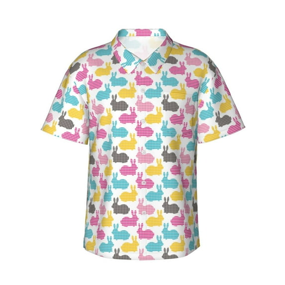 Balery Colorful Rabbit Print Men's Hawaiian Shirts Short Sleeve Beach Shirt Relaxed Fit Vacation Button Down Shirts-Small