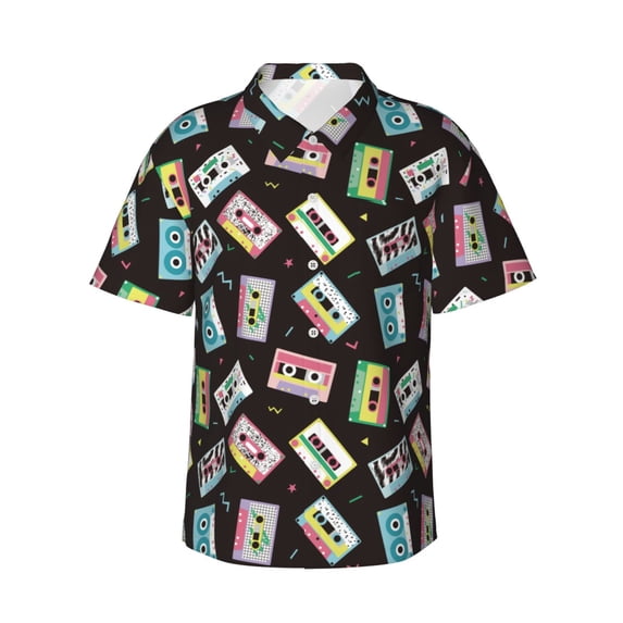 Balery Colorful Retro Tape Print Men's Hawaiian Shirts Short Sleeve Beach Shirt Relaxed Fit Vacation Button Down Shirts-XX-Large