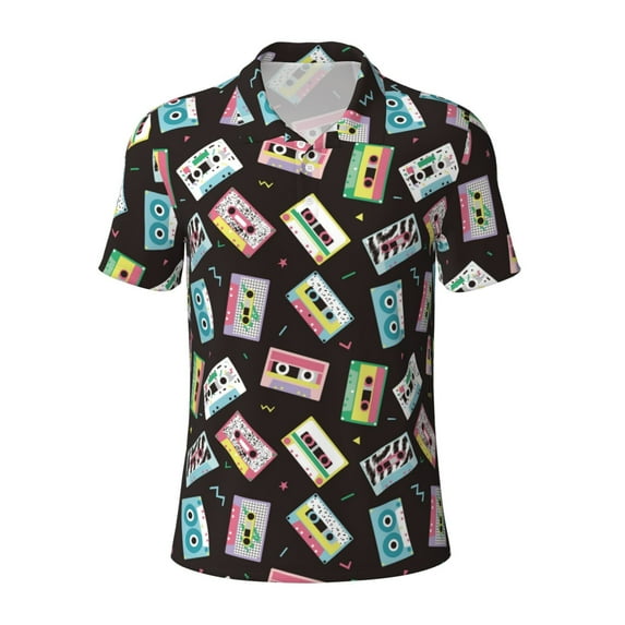 Balery Colorful Retro Tape Printed Men’s Short Sleeve Polo Shirt, Midweight Men's Shirt,Golf Polo shirts -4X-Large
