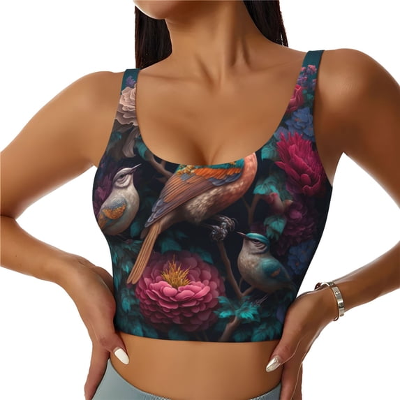 Balery Colorful Rose Bird Pattern Racerback Sports Bras for Women - Padded Seamless High Impact Support for Yoga Gym Workout Fitness-Small