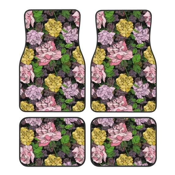 Balery Colorful Roses Pattern 4-Piece Floor Mats, Heavy-Duty Rubber Liners, Anti-Slip Design, All-Season Automotive Protection, Vehicles, Cars, Trucks, and SUVs