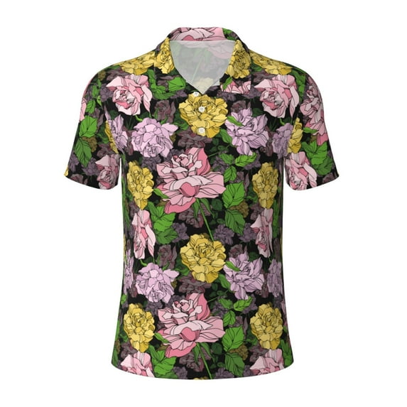 Balery Colorful Roses Printed Men’s Short Sleeve Polo Shirt, Midweight Men's Shirt,Golf Polo shirts -4X-Large