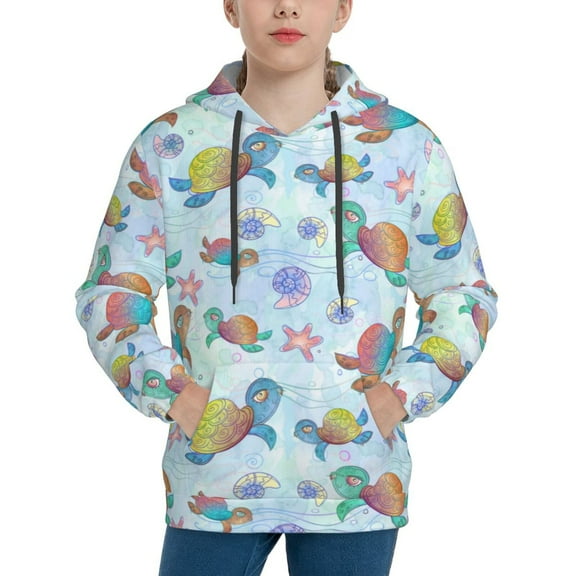 Balery Colorful Sea Turtle Pattern Boys Hoodie, Youth Pullover Hooded Sweatshirt, Kangaroo Pocket Hoodie for Kids Girls -X-Large