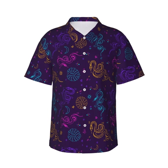 Balery Colorful Snake Print Men's Hawaiian Shirts Short Sleeve Beach Shirt Relaxed Fit Vacation Button Down Shirts-X-Large