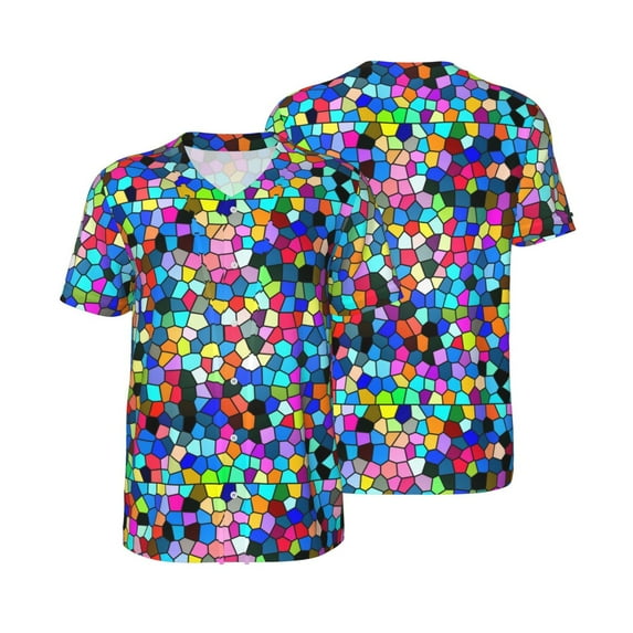 Balery Colorful Tie Dye Stained Glass 2 Baseball Jersey for Men Casual Button Down Shirts Short Sleeve Active Team Sports Uniform-Large