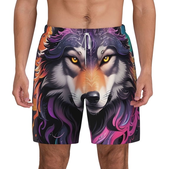 Balery Colorful Wolf Head A Mens Swim Trunks Swim Shorts for Men Quick Dry Inseam Beach Shorts with Compression Liner Pocket-XX-Large