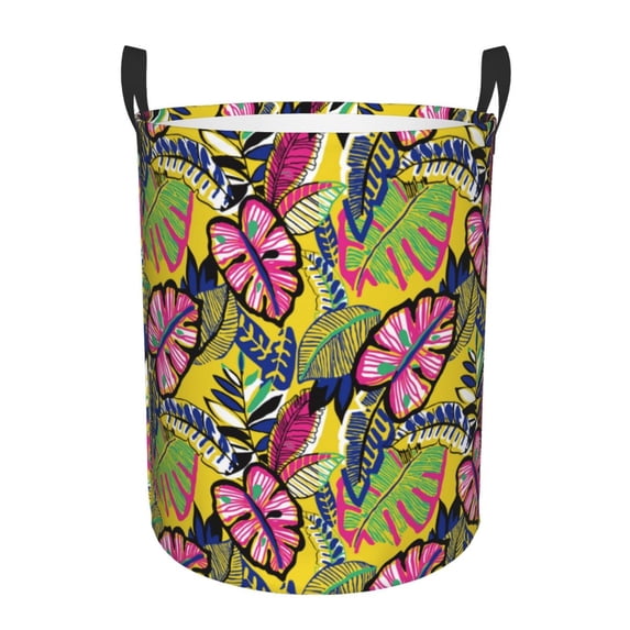 Balery Colrful Tropical Leaves Round Laundry Basket with Handles Waterproof Freestanding Laundry Hamper for Clothes Toys in the Dorm and Family-