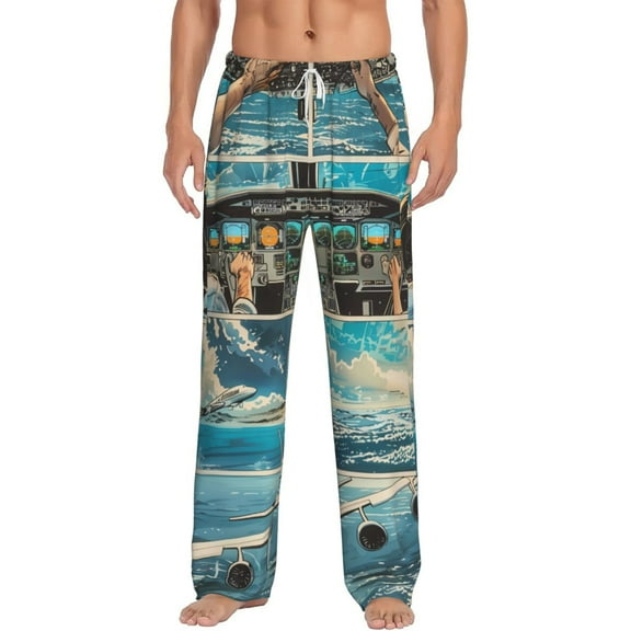 Balery Comic Airplane Cockpit Illustration print Men's Pajama Pants,Ultra Lightweight Pjs,Lounge Pant-Medium