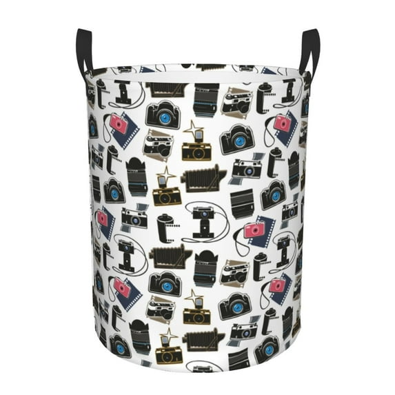 Balery Cool Camera Round Laundry Basket with Handles Waterproof Freestanding Laundry Hamper for Clothes Toys in the Dorm and Family-Small