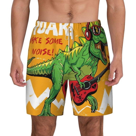 Balery Cool Dinosaur Playing Guitar Mens Swim Trunks Swim Shorts for Men Quick Dry Inseam Beach Shorts with Compression Liner Pocket-X-Large