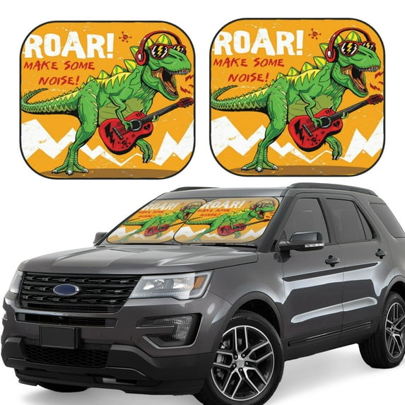Balery Cool Dinosaur Playing Guitar Sun Shield 2 Pack For Car Front Windows Foldable Sun Visor Protector Blocks Max Uv Rays And Keeps Your Vehicle Cool For Most Sedans Suv Truck