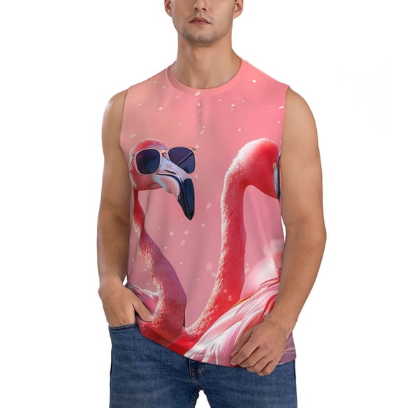 Balery Cool Flamingos Sunglasses Scene Men's Sleeveless Muscle Shirts Workout Tank Top, Moisture Wicking, Odor Protection-X-Large