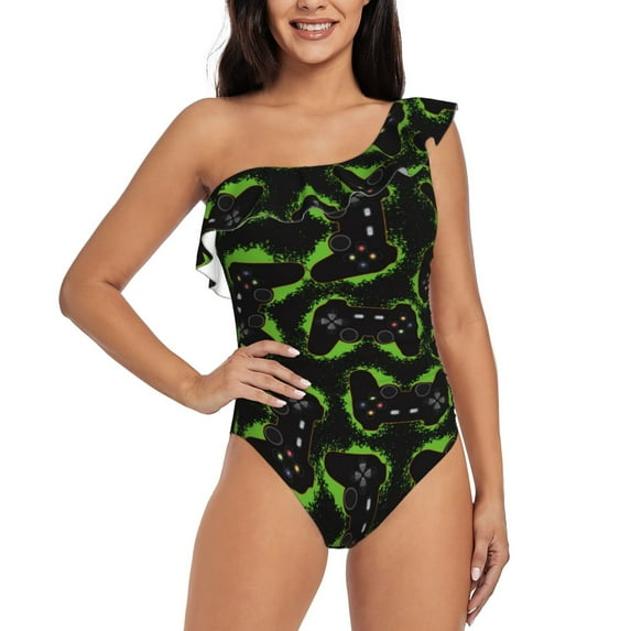 Balery Cool Gamepad One Shoulder Swimsuits for Women Ruffle Swimsuits Tummy Control One Shoulder Bathing Suits-Small