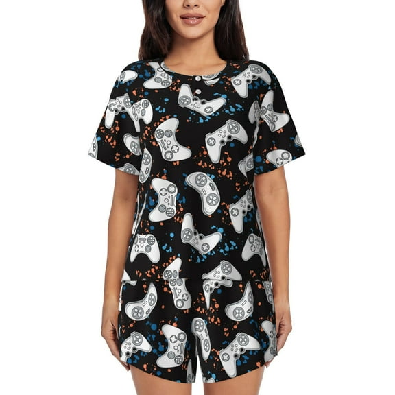 Balery Cool Gamepad Pattern Womens Pajama Sets 2 Piece Soft Short Sleeve Top and Shorts Sleepwear Round Neck Pjs Lounge Set with Pockets-3X-Large