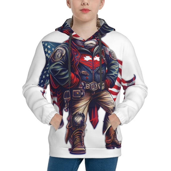 Balery Cool Patriotic Buffalo Cowboy Pattern Boys Hoodie, Youth Pullover Hooded Sweatshirt, Kangaroo Pocket Hoodie for Kids Girls -Large