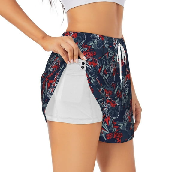 Balery Cool Red Off-Road Vehicle Pattern Women's Running Shorts with Liner 2 Pockets Elastic Workout Athletic Gym Yoga Shorts-Medium