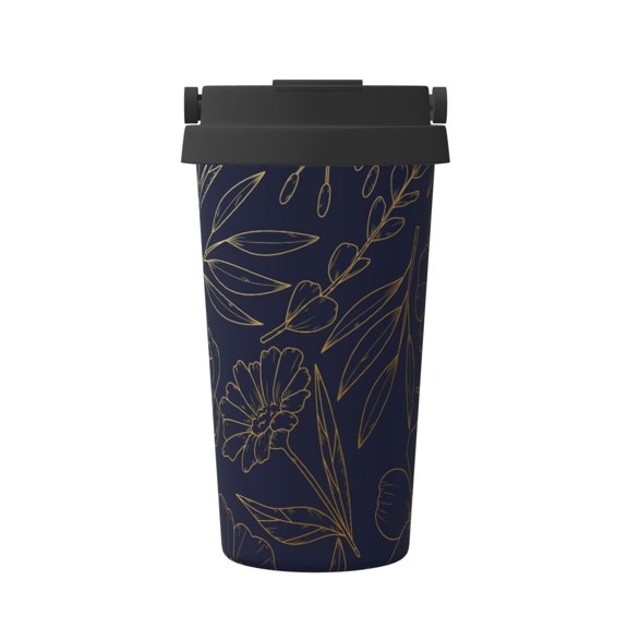 Balery Copper-Gold Gloss Outline Flower Pattern Insulated Coffee Travel Mug Stainless Steel Vacuum Coffee Cup Leakproof with Screw Lid Coffee for Hot/Iced Beverage - 500ml